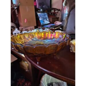 Vintage Indiana Iridescent Amber Carnival Glass With Harvest Grape Footed...